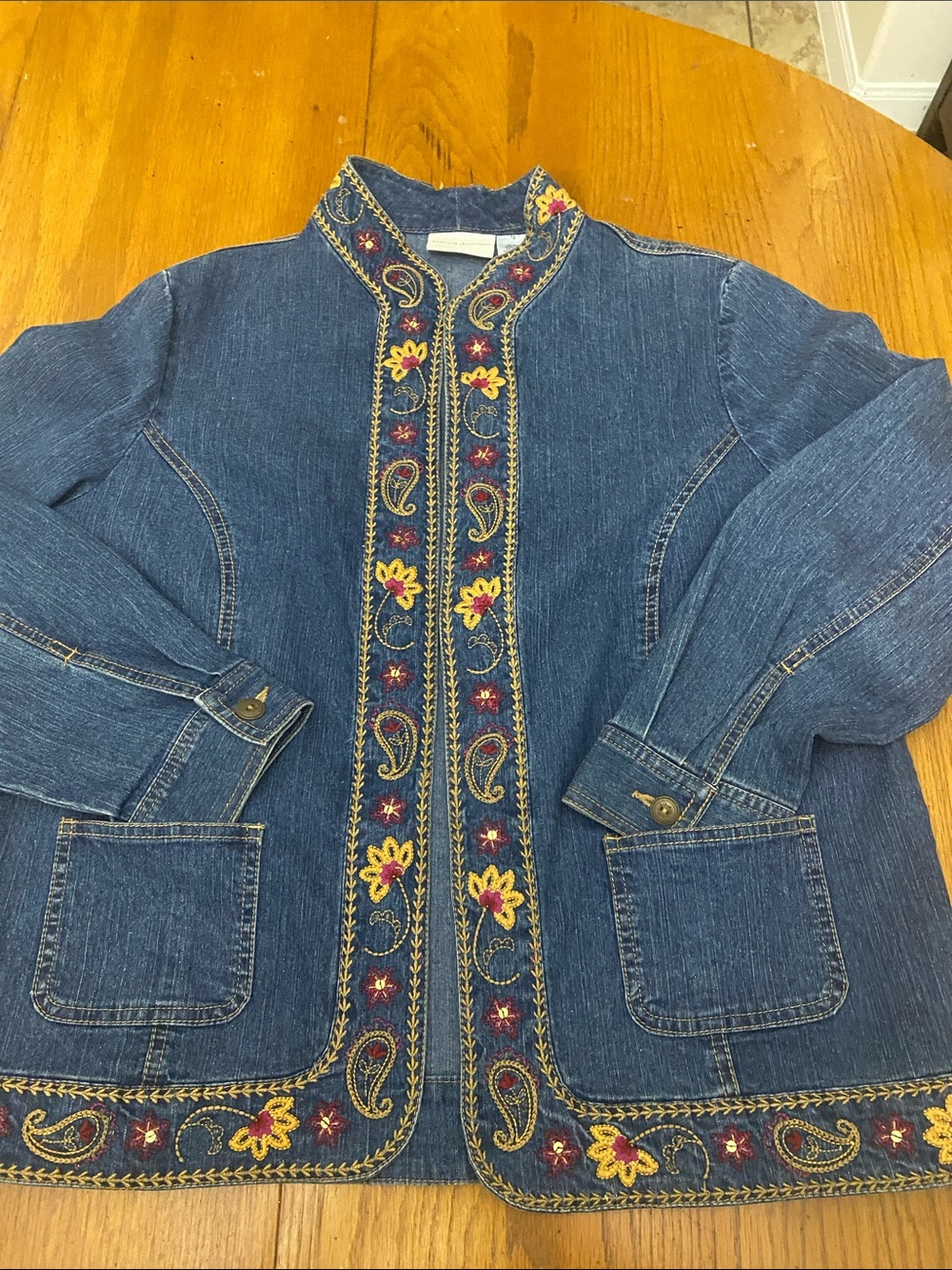 Alfred Dunner Blue Denim Open Front Jacket with Embroidery Size 12